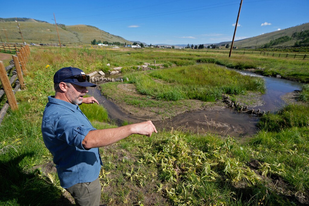 (Francisco Kjolseth | The Salt Lake Tribune)  Jordan Nielson with Trout Unlimited gives a tour of their project along Mud Creek that flows into Scofield Reservoir where 75 BDAs (human-made beaver dams) were installed with a partnership with the EPA and Utah Division of Water Quality, Aug. 16, 2023.