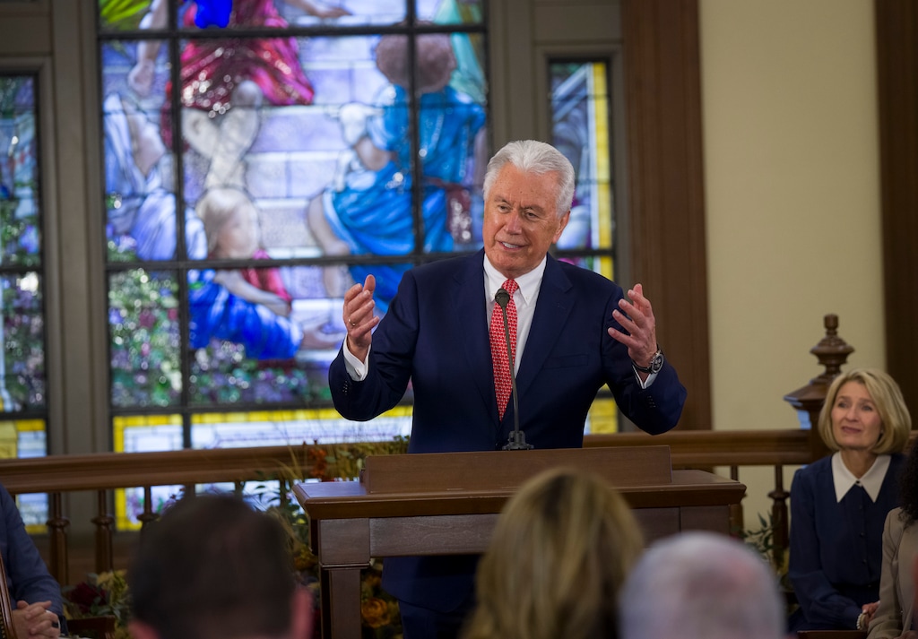 (Bethany Baker | The Salt Lake Tribune) Dieter F. Uchtdorf, acting president of the Quorum of the Twelve Apostles, speaks during an event to release the theme "Rejoice in Christ" for the upcoming reopening of the Salt Lake Temple in Salt Lake City on Tuesday, Sept. 1, 2026.