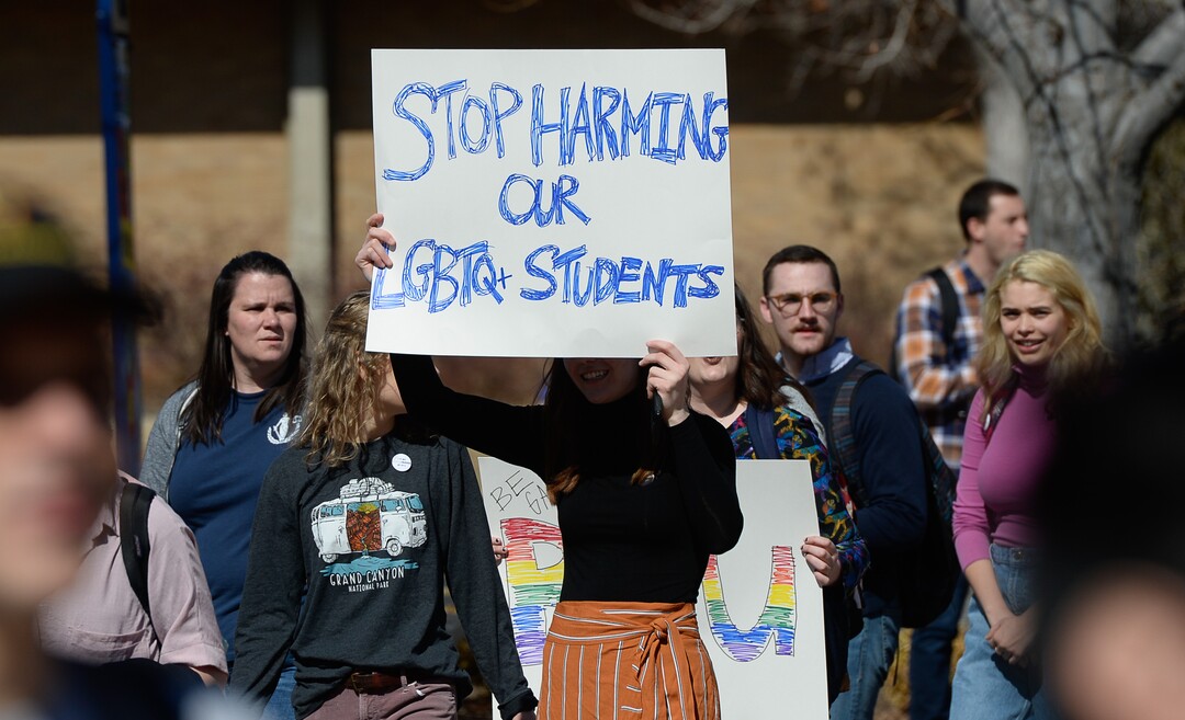 (Francisco Kjolseth  |  The Salt Lake Tribune) Students protest outside the student center at Brigham Young University in Provo, Wednesday, March 4, 2020, after an official with The Church of Jesus Christ of Latter-day Saints issued a clarification to the school's Honor Code, which said that same-sex romantic behavior is still "not compatible" with the rules at BYU.