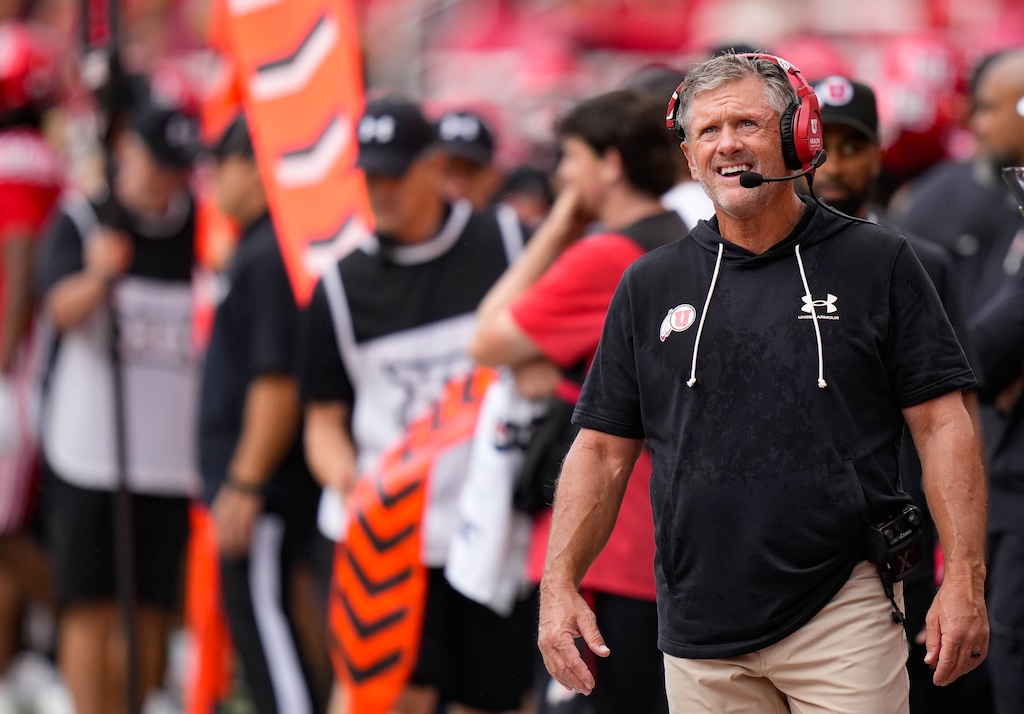 (Francisco Kjolseth | The Salt Lake Tribune) Utah coach Kyle Whittingham on the sidelines as Utah hosts Cal Poly, NCAA football in Salt Lake City on Saturday, Sept. 6, 2025.