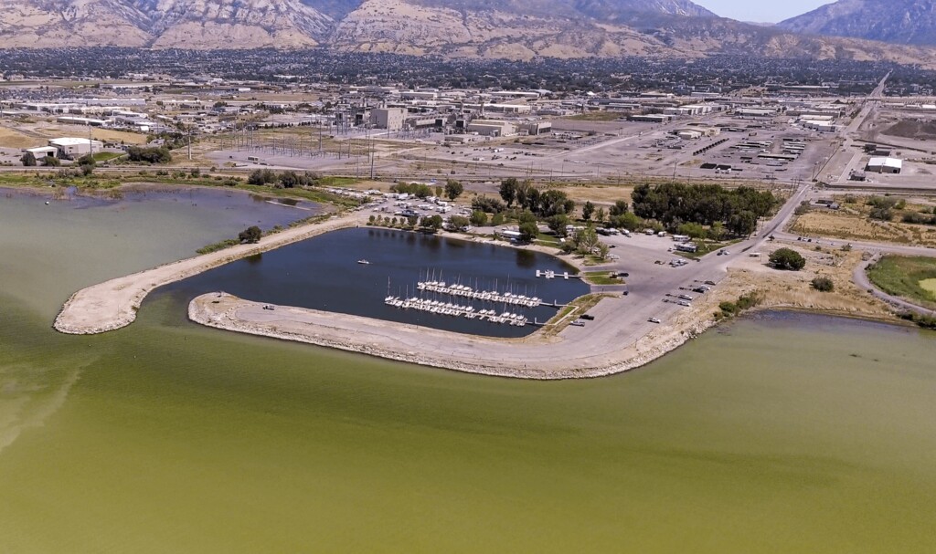 (Photo courtesy of ATS) This drone-shot photo from Aug. 7 shows Lindon Marina several days after it underwent algaecide treatments that effectively knocked down an algal bloom that began forming July 28. The treatments are part of a pilot program to assess options for reducing the severity of blooms that afflict Utah Lake every summer.