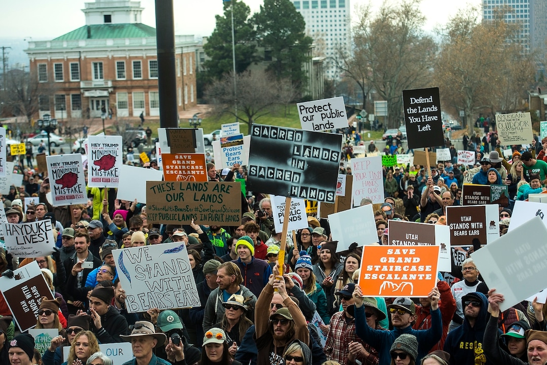 (Chris Detrick  |  The Salt Lake Tribune) Supporters of the Bears Ears and Grand Staircase-Escalante National Monuments rally at the Utah State Capitol Saturday, December 2, 2017.  Utah Highway Patrol estimated 5,000 people attended the rally. 
