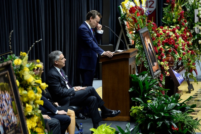 Scott Sommerdorf | The Salt Lake Tribune
Peter Huntsman pauses as he tearfully tells a story about his father at the funeral services for Jon M. Huntsman, Sr., Saturday, February, 10, 2018. 
