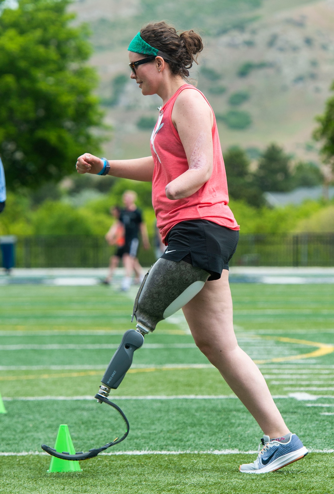 (Rick Egan  |  The Salt Lake Tribune)     Kaylene Baker, Helena, Mt, runs through an obstacle course, during the fourth annual Utah Adaptive Mobility Clinic at Skyline High school. The clinic allows anyone with "lower extremity limb loss or limb difference" or amputees without legs, to practice walking and running. Saturday, June 1, 2019.
