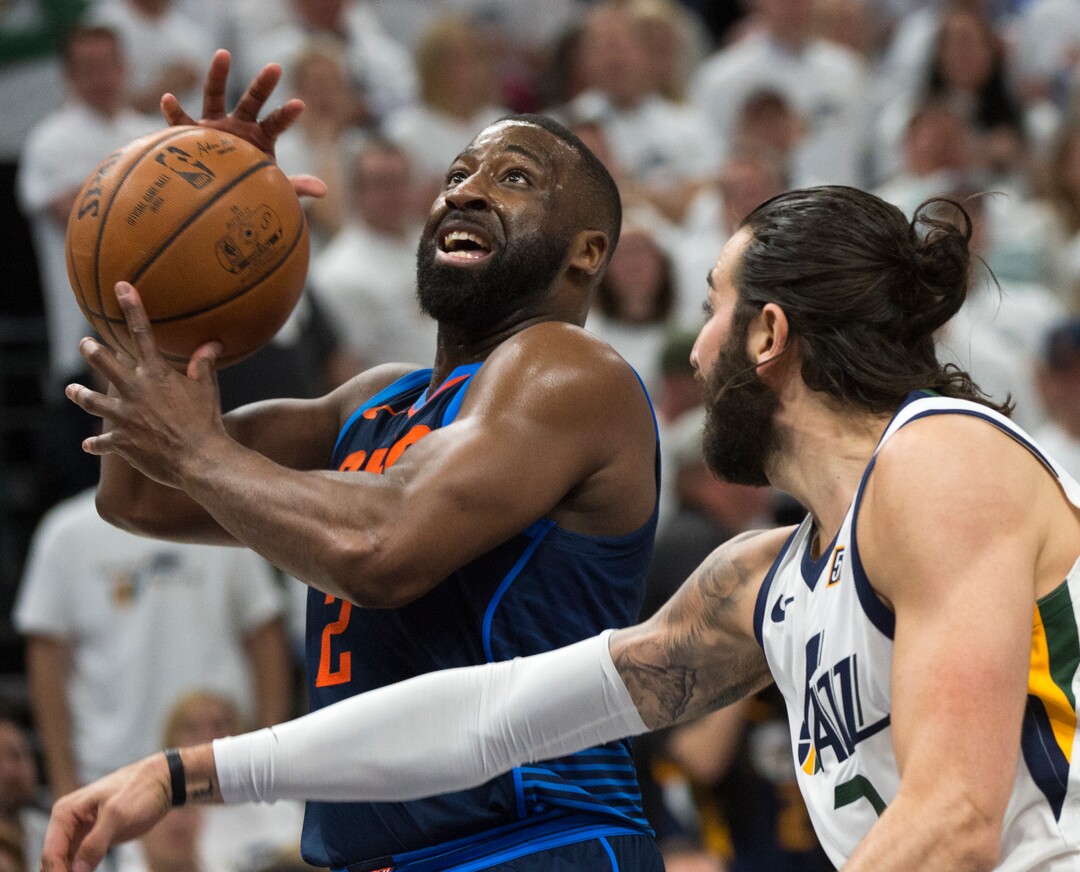(Rick Egan  |  The Salt Lake Tribune) Utah Oklahoma City Thunder guard Raymond Felton (2) takes the ball to the basket, as Utah Jazz guard Ricky Rubio (3) defends, in game 4, NBA playoff action between Utah Jazz and Oklahoma City Thunder, in Salt Lake City, Monday April 23, 2018.