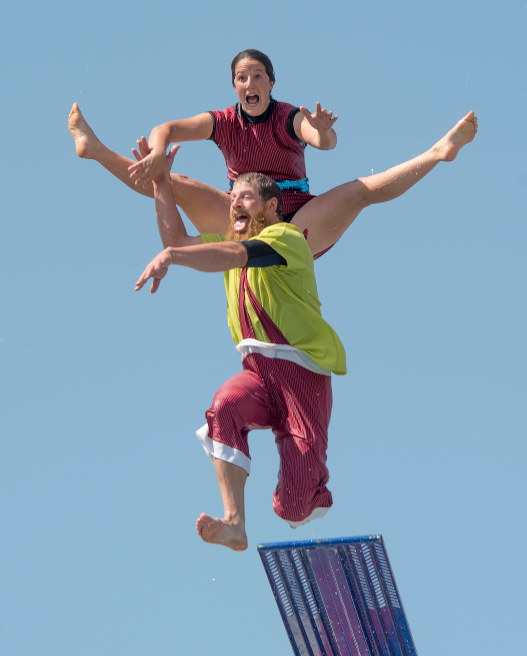 (Rick Egan  |  The Salt Lake Tribune)      Divers from the Flying Fools High Dive show, entertain the crowd, on opening day of the Utah State Fair, Thursday, Sept. 6, 2018.