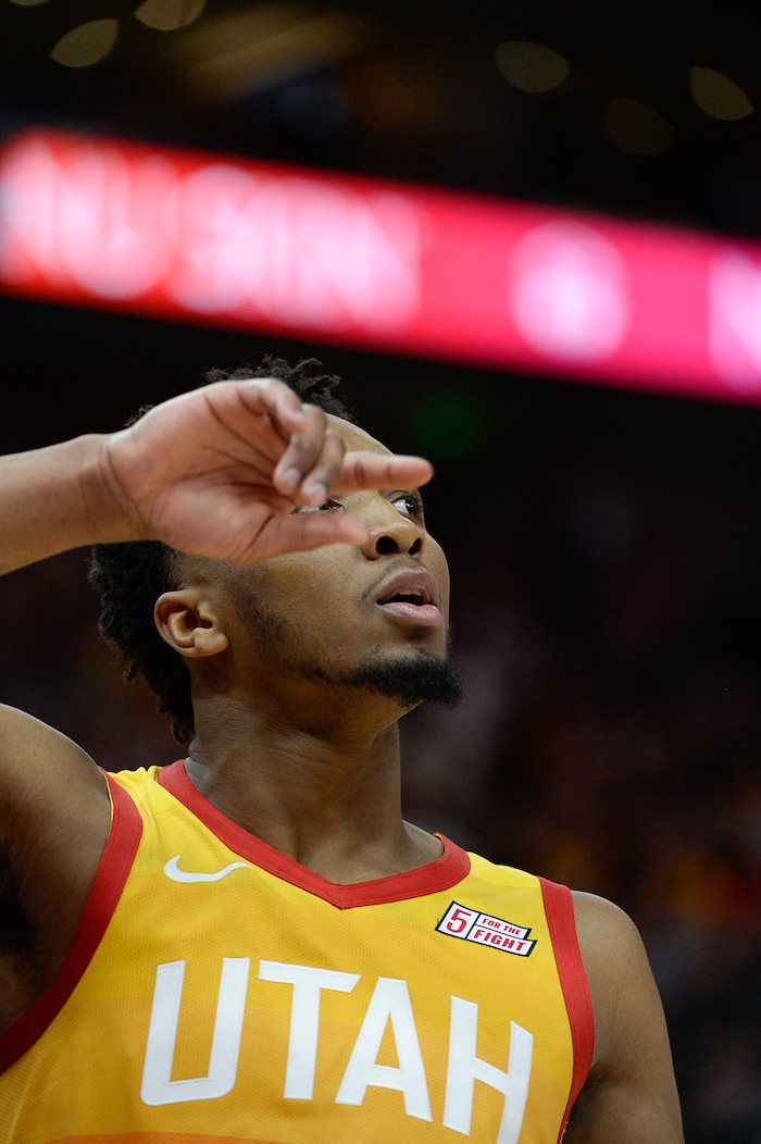 (Francisco Kjolseth  |  The Salt Lake Tribune)  Utah Jazz guard Donovan Mitchell (45) reaches a career high of 46 points in a game for the second time as the Utah Jazz host the Denver Nuggets in their NBA game at Vivint Smart Home Arena Tuesday, April 9, 2019, in Salt Lake City.