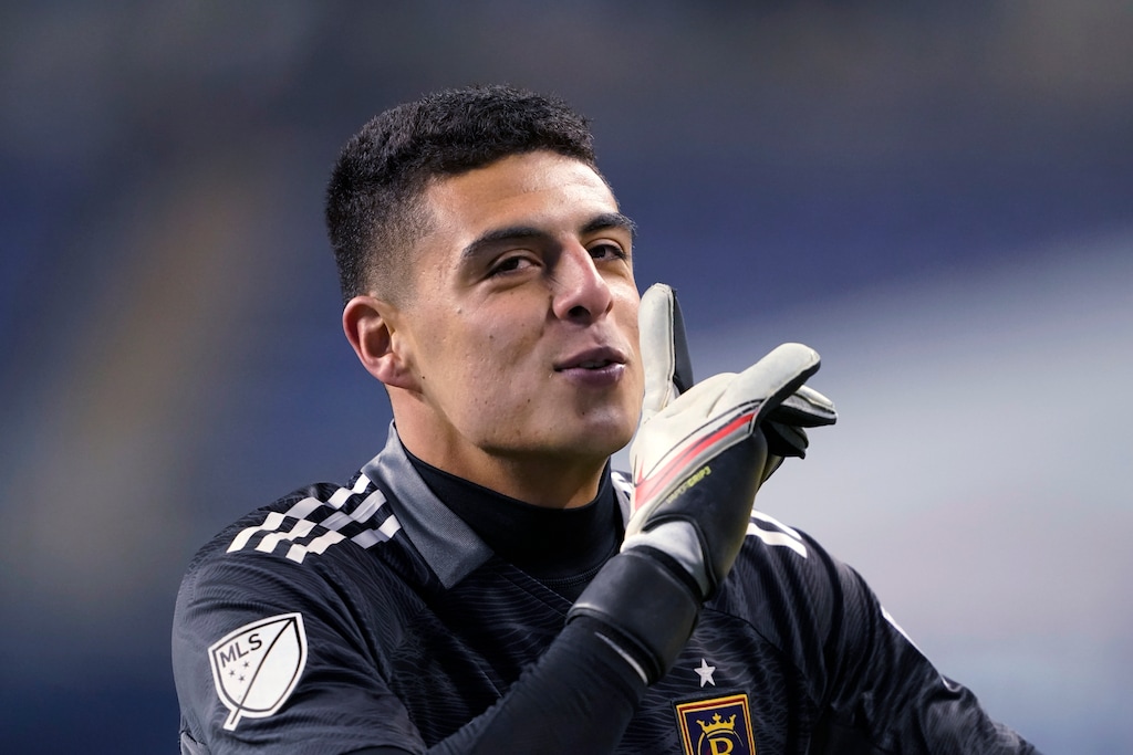 (Ted S. Warren | AP) Real Salt Lake goalkeeper David Ochoa motions to fans in a gesture to quiet them after the team's win over the Seattle Sounders in penalty kicks after a scoreless MLS first-round playoff soccer match Tuesday, Nov. 23, 2021, in Seattle.
