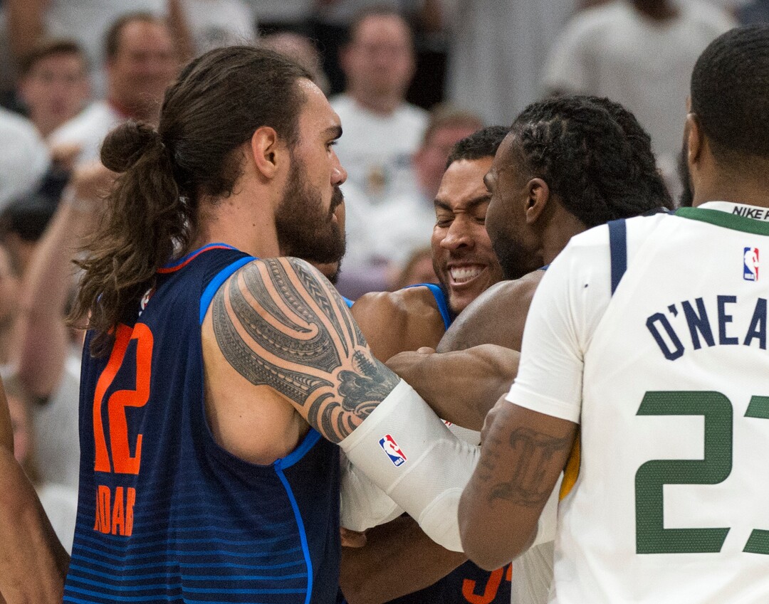 (Rick Egan  |  The Salt Lake Tribune)    Utah Jazz forward Jae Crowder (99) gets tangled up with some Oklahoma City Thunder players resulting in a technical foul and ejection from the game, in game 4, NBA playoff action between Utah Jazz and Oklahoma City Thunder, in Salt Lake City, Monday April 23, 2018.