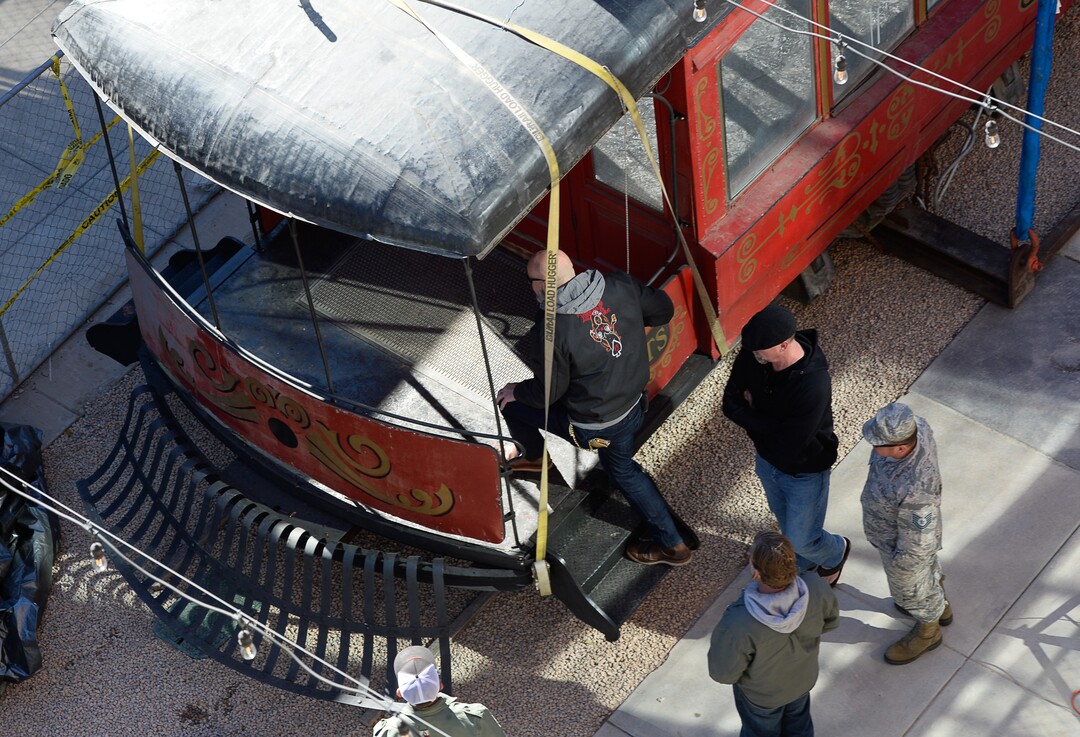 (Francisco Kjolseth  |  Francisco Kjolseth)  The iconic trolley car, that has been sitting in storage for several years, is moved back into view at Trolley Square on Monday, Oct. 15, 2018 as people take a tour of the now empty car. The last Utah trolley car was moved into place on the north plaza by Pottery Barn.
