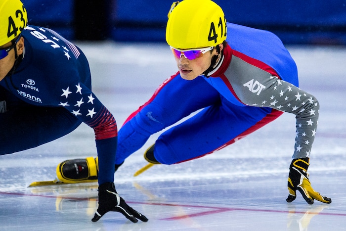 (Chris Detrick  |  The Salt Lake Tribune) John-Henry Krueger (418) and Aaron Tran (432) compete in the US Short Track Fall World Cup Qualifier at the Utah Olympic Oval Saturday, August 19, 2017. 