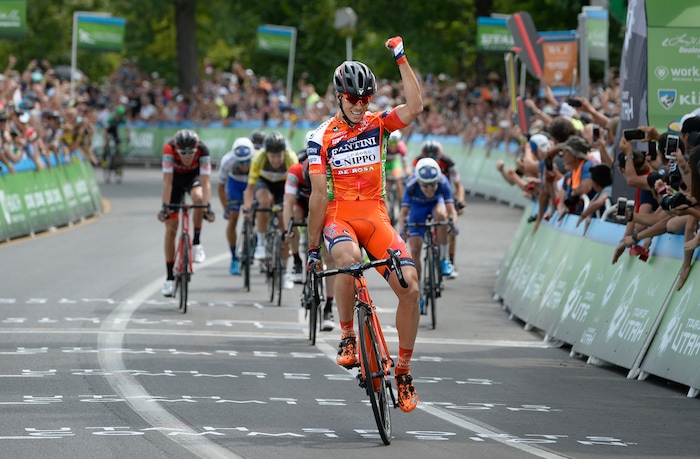 (Scott Sommerdorf   |  The Salt Lake Tribune)   Stage 7 winner Marco Canola celebrates as he crosses the finish line. Robert Britton finished in the group just behind Canola, and clinched the win in the 2017 Tour of Utah, Sunday, August 6, 2017.