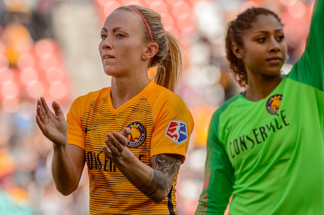 (Trent Nelson | The Salt Lake Tribune)  Utah Royals FC hosts the Chicago Red Stars, at Rio Tinto Stadium in Sandy, Saturday April 14, 2018. Utah Royals FC midfielder Gunnhildur Jónsdóttir (23) and Utah Royals FC goalkeeper Abby Smith (1).