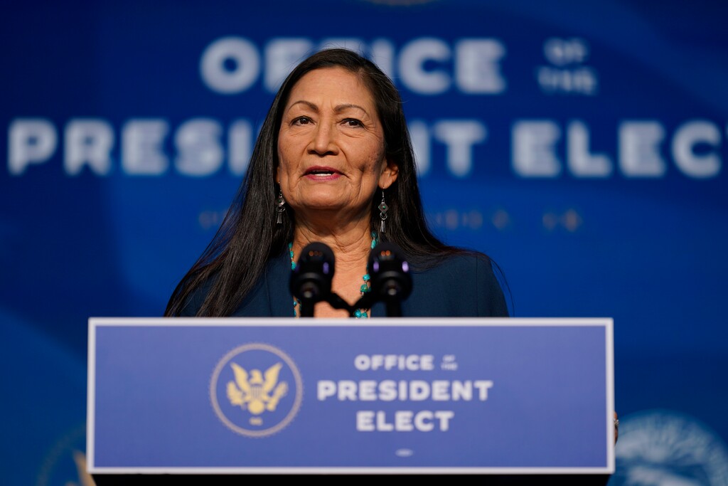 FILE - In this Dec. 20, 2020, file photo the Biden administration's nominee for Secretary of Interior, Rep. Deb Haaland, D-N.M., speaks at The Queen Theater in Wilmington Del. (AP Photo/Carolyn Kaster, File)