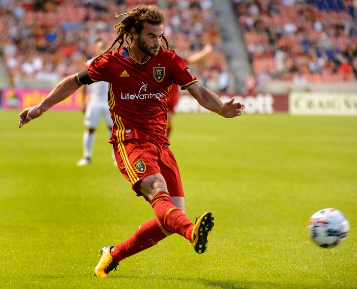 (Steve Griffin | The Salt Lake Tribune) Real Salt Lake midfielder Kyle Beckerman (5) fires a shot during match against San Jose at Rio Tinto Stadium in Sandy Wednesday August 23, 2017.