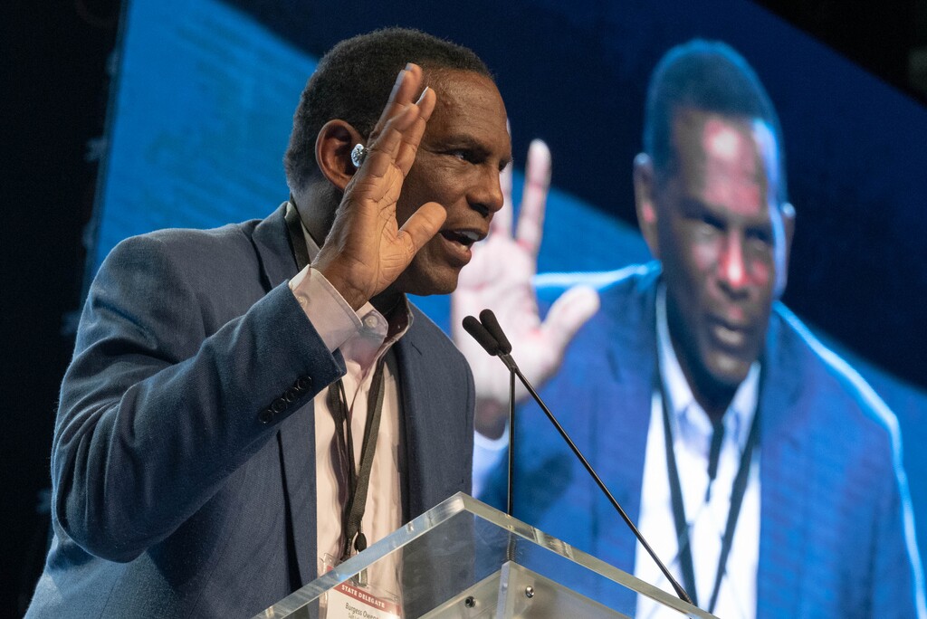 (Francisco Kjolseth | The Salt Lake Tribune) Rep. Burgess Owens addresses delegates attending the Utah Republican Party’s 2021 Organizing Convention at the Maverik Center in West Valley City on Saturday, May 1, 2021, as they return to an in-person format after the pandemic forced the nominating convention to go online last year.