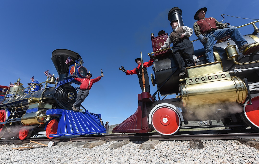 (Francisco Kjolseth  |  The Salt Lake Tribune)  Volunteers who work on the historic trains Jupiter and No. 119 re-create a historic on Friday May 10, 2019, in celebration of the 150th anniversary of the completion of the transcontinental railroad at Promontory Summit where the two rails met back on May 10, 1869.