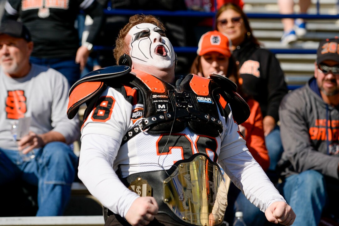 (Leah Hogsten  |  The Salt Lake Tribune) A Bengals fan greets players as they take the field as Brigham Young University takes on Idaho State, Saturday, Nov. 16, 2019 at LaVell Edwards Stadium.