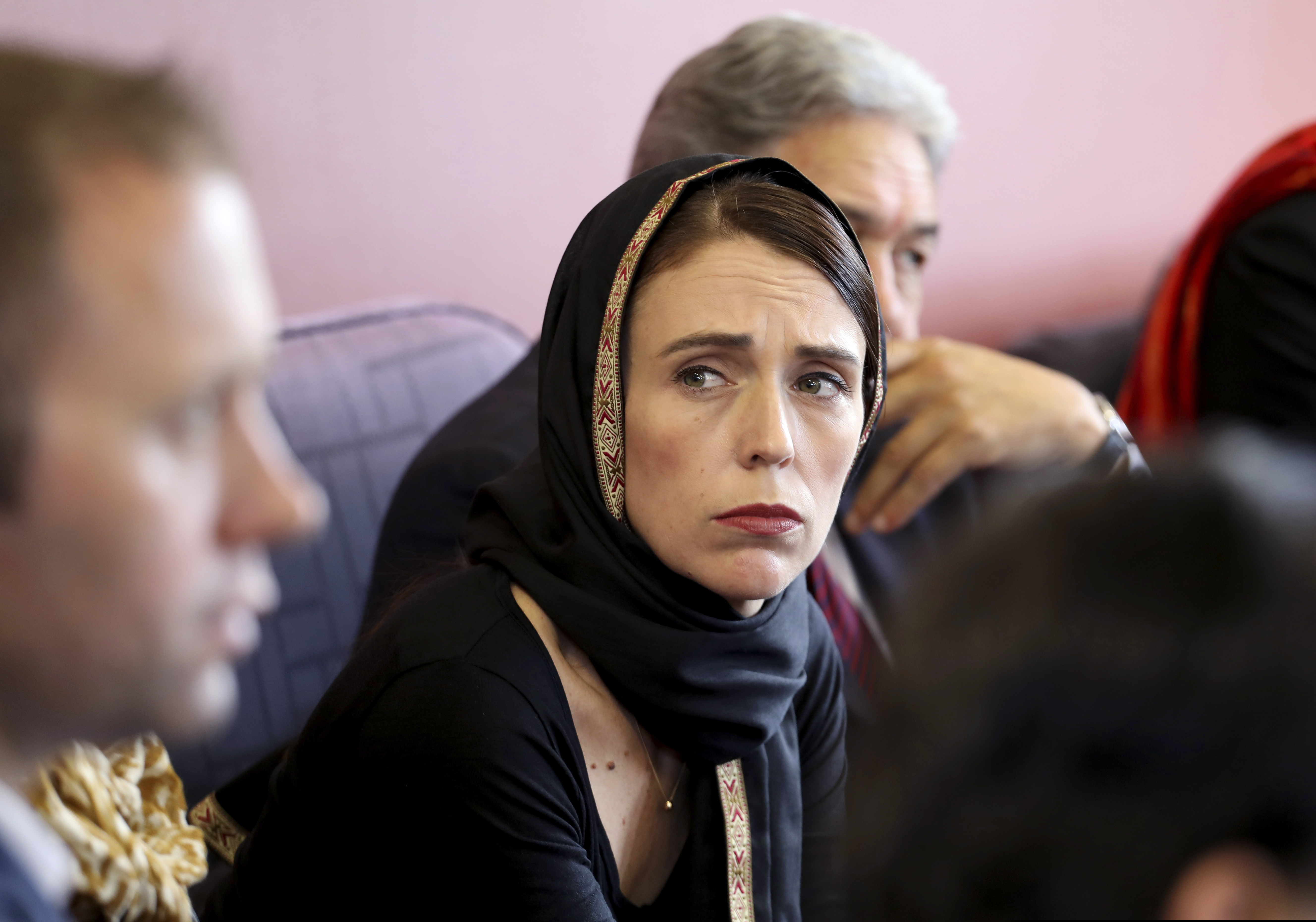 (New Zealand Prime Minister Office via AP) In this photo released by New Zealand Prime Minister's Office, Prime Minister Jacinda Ardern, center, meets representatives of the Muslim community, Saturday, March 16, 2019, at the Canterbury Refugee Centre in Christchurch, New Zealand.