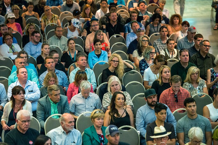 (Chris Detrick  |  The Salt Lake Tribune) Members of the public listen during a public forum about Operation Rio Grande at The Gateway in Salt Lake City Tuesday, August 15, 2017. 