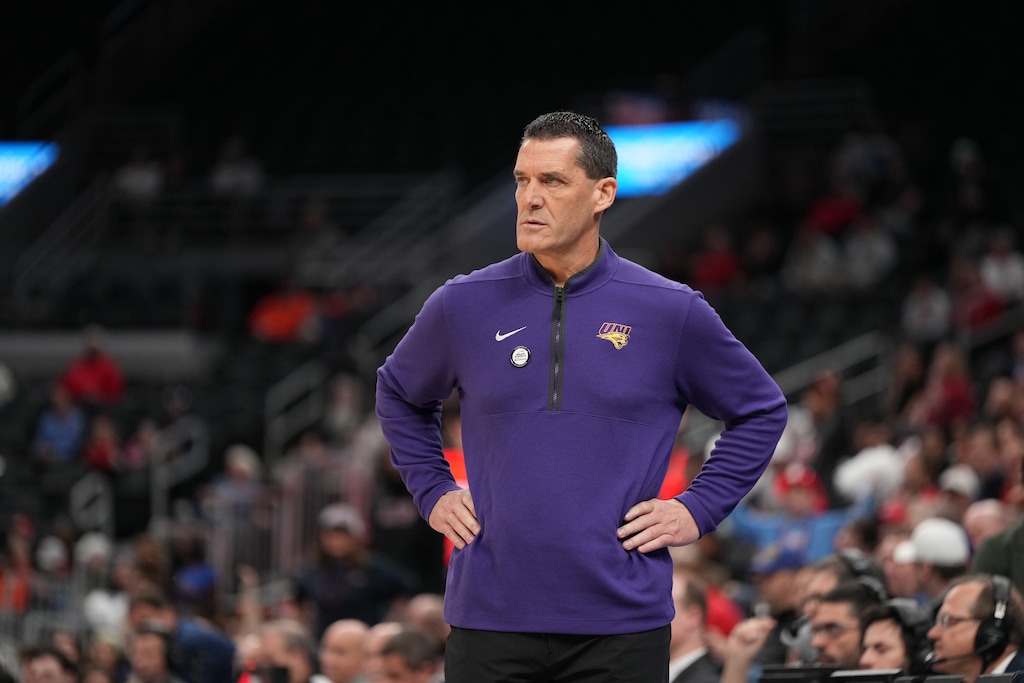 (Jeff Roberson | AP) Northern Iowa head coach Ben Jacobson is seen on the sidelines during the first half of the championship game against UIC in the Missouri Valley Conference college basketball tournament on March 8, 2026, in St. Louis. Jacobson is expected to be the next head coach at Utah State University.