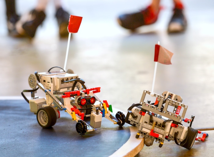 (Leah Hogsten | The Salt Lake Tribune) Robots from Centerville Elementary try to push each other out of the ring during "Sumo" competition at the 2018 29th Annual Utah State University Physics Day. Over 9,000 high school and middle school students from Utah, Idaho, Wyoming and Nevada compete in science projects, Friday, May 18, 2018 at Lagoon Amusement Park in Farmington.