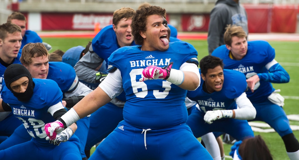 Steve Griffin | The Salt Lake Tribune
Bingham's Justen Nuffer leads his team in the Haka dance prior to the start of the 5A semifinal football game between Bingham and Riverton at Rice-Eccles Stadium on the University of Utah campus in Salt Lake City, Utah Thursday, November 13, 2014.
