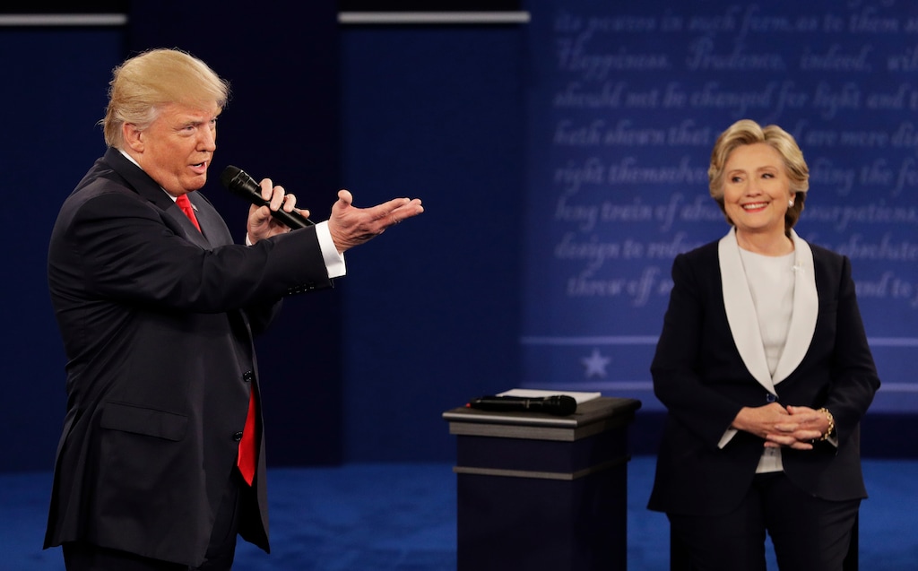 (John Locher | AP file photo) Donald Trump debates Democratic presidential nominee Hillary Clinton during a second presidential debate at Washington University in St. Louis on Oct. 9, 2016.