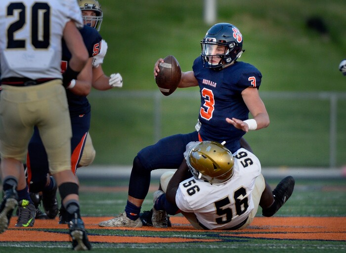 (Scott Sommerdorf   |  The Salt Lake Tribune)   
Skyline's Zach Boyd tackles Brighton QB Alexander Zettler after a short scramble during first half play. Skyline held a 14-10 lead at the half over Brighton, Friday, September 15, 2017.