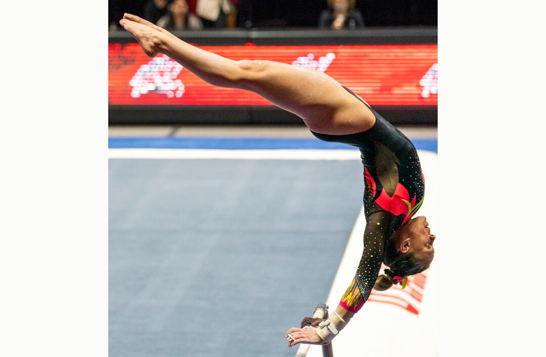 (Rick Egan | The Salt Lake Tribune) Maile O'Keefe competes on the uneven bars, in PAC-12 gymnastics action Utah vs Arizona, at the Huntsman Center onSaturday, Jan. 23, 2021.