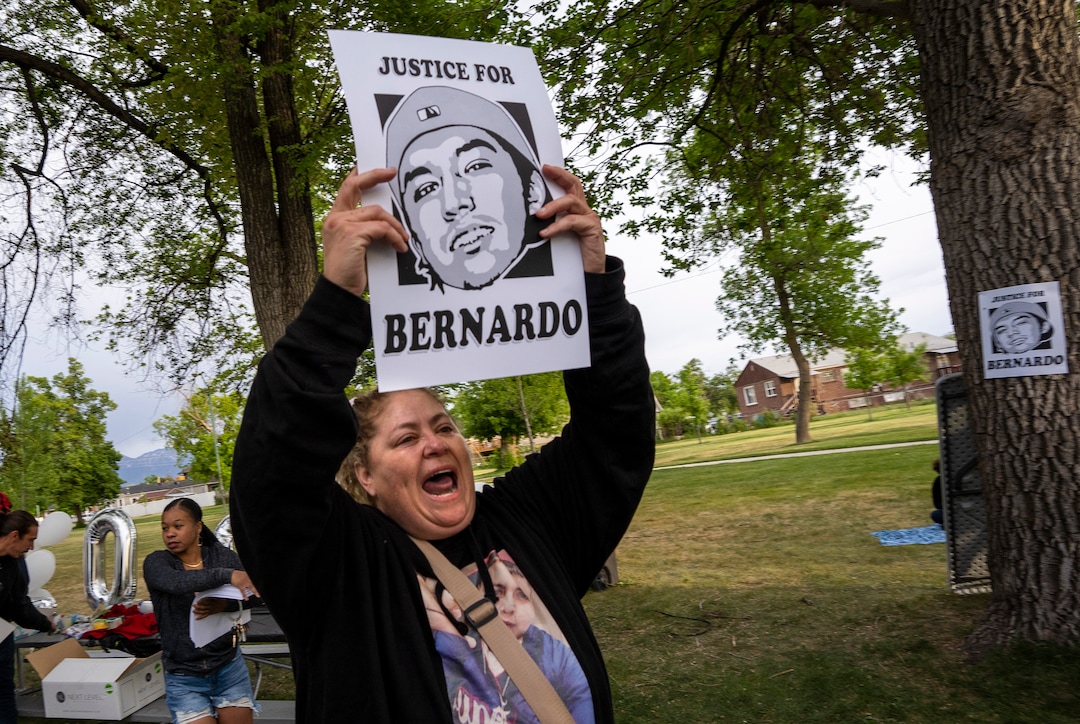 (Rick Egan | The Salt Lake Tribune)  Lorena Burciaga leads the crowd in  chanting "justice For Bernardo", during the "Long Live Loske" gathering at Rose Park on Saturday, May 22, 2021, as the family of Bernardo Palacios-Carbajal hosted a "1st Heavenly Anniversary" event to celebrate the life of their son and brother to mark the 1-year anniversary of his death on May 23, 2020 by Salt Lake City Police, who fired 34 shots, killing the 22-year-old man.