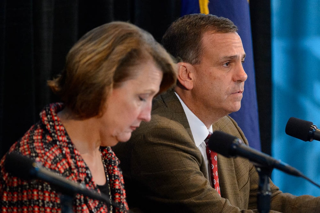 (Trent Nelson | The Salt Lake Tribune)  University of Utah President Ruth Watkins, left, and Athletic Director Mark Harlan at a press conference regarding the killing of University of Utah student athlete Lauren McCluskey, in Salt Lake City, Thursday Oct. 25, 2018.