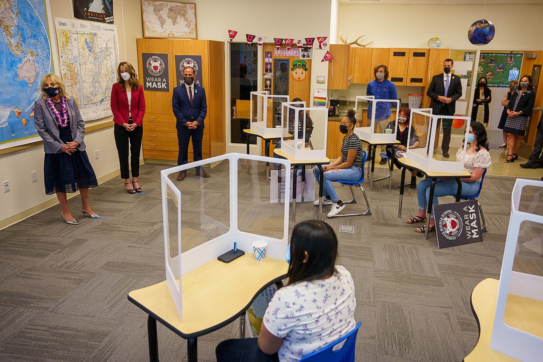 (Trent Nelson  |  The Salt Lake Tribune) First lady Jill Biden, Abby Cox, and Rep. Chris Stewart listen students at Glendale Middle School in Salt Lake City on Wednesday, May 5, 2021.