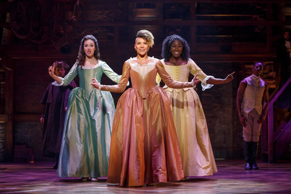 (Courtesy photograph by Joan Marcus) | 
Solea Pfeiffer, Emmy Raver-Lampman and Amber Iman as the Schuyler sisters performing in the West Coast tour of "Hamilton."