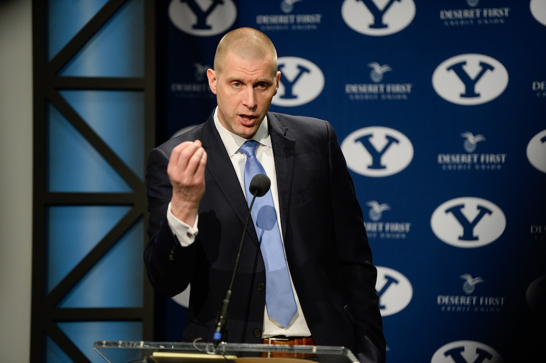 (Francisco Kjolseth  |  The Salt Lake Tribune)  BYU announces Mark Pope as its new head basketball coach during a press event at the BYU broadcasting building on Wed. April 10, 2019.