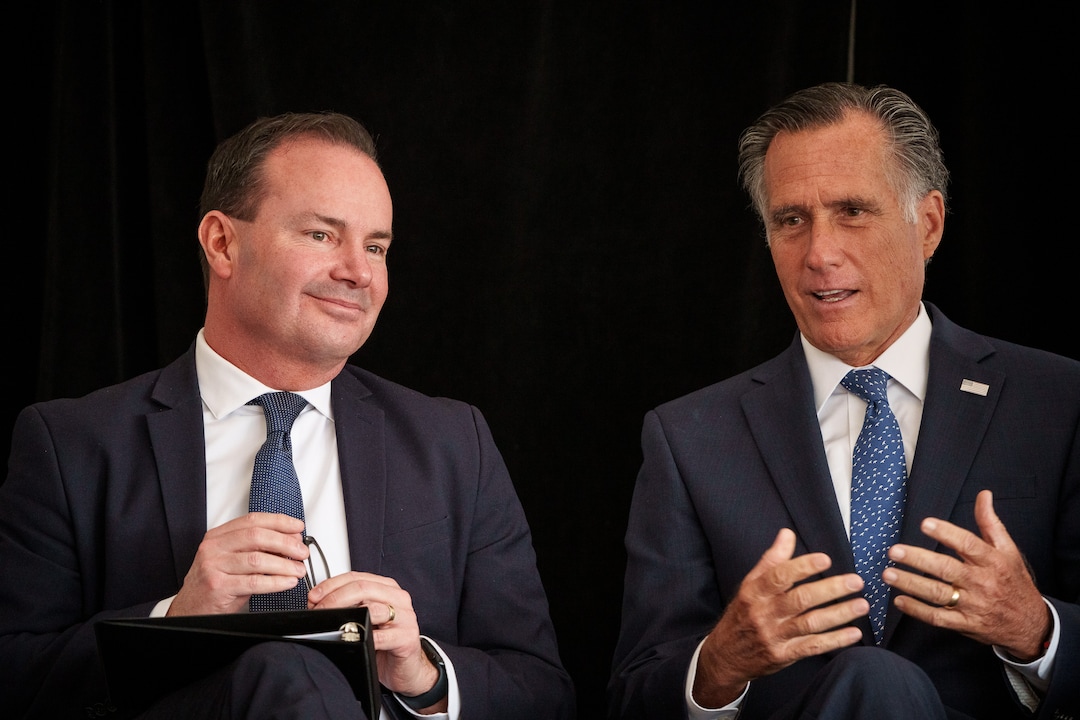 (Trent Nelson  |  The Salt Lake Tribune) Senators Mike Lee and Mitt Romney at the ribbon cutting ceremony for Thermo Fisher Scientific's Ogden facility on Wednesday, April 20, 2022.