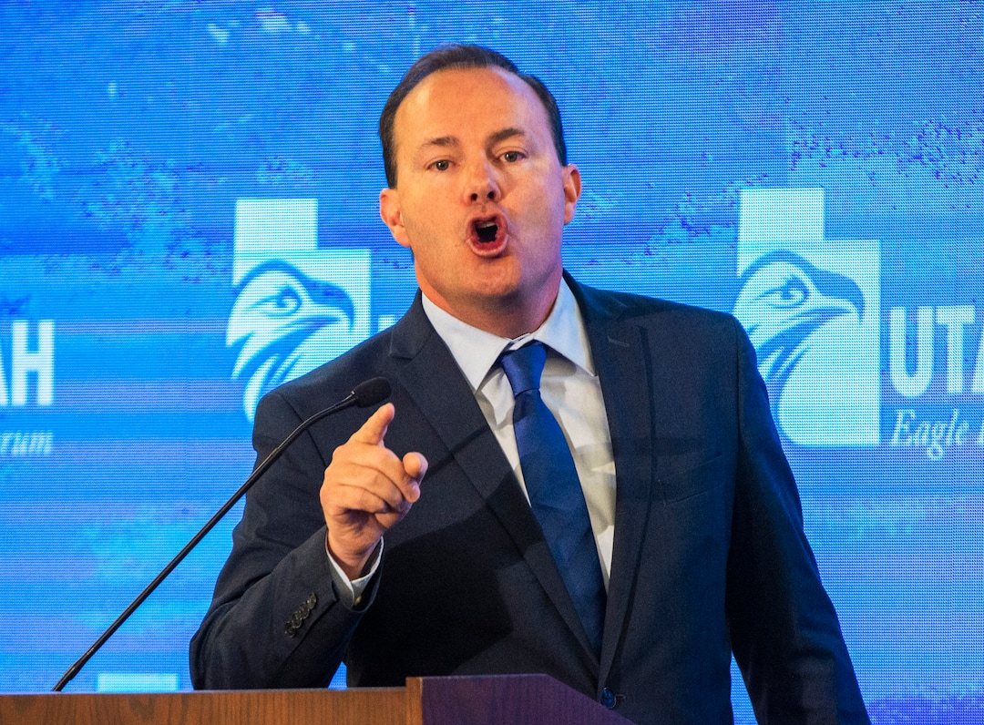 (Rick Egan  |  The Salt Lake Tribune)     Sen. Mike Lee shares his feelings about the Iran military briefing while speaking at the Utah Eagle Forum Convention, in Sandy, Saturday, Jan. 11, 2020.