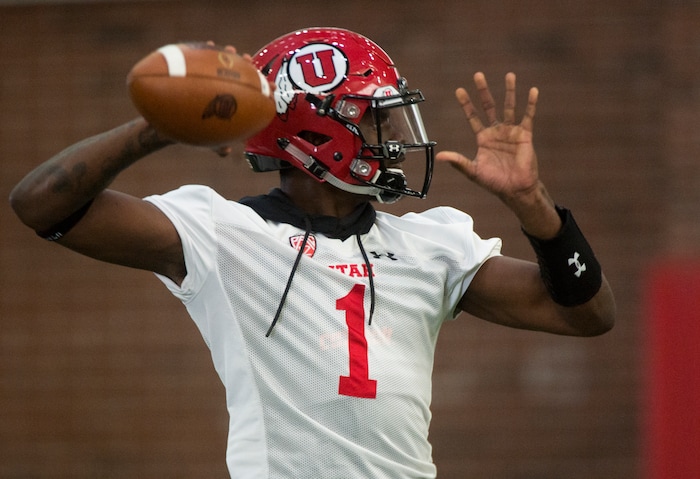 (Rick Egan  |  The Salt Lake Tribune)   Returning starting quarterback Tyler Huntley works out on the first day of Spring practice, Monday, March 5, 2018.


