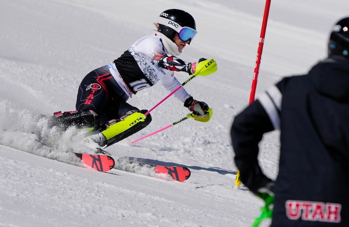 (Francisco Kjolseth | The Salt Lake Tribune) Kathryn Parker of the University of Utah competes in women’s slalom during the NCAA Skiing Championships held at Park City Mountain Resort on Friday, March 11, 2022, in Park City, Utah.