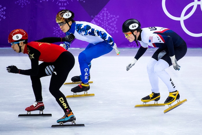 (Chris Detrick  |  The Salt Lake Tribune)  Tianyu Han of China Semen Elistratov of Olympic Athlete from Russia and John-Henry Krueger of the United States race during the Men's 500m Short Track Speed Skating at Gangneung Ice Arena Pyeongchang 2018 Winter Olympics Tuesday, Feb. 20, 2018. 