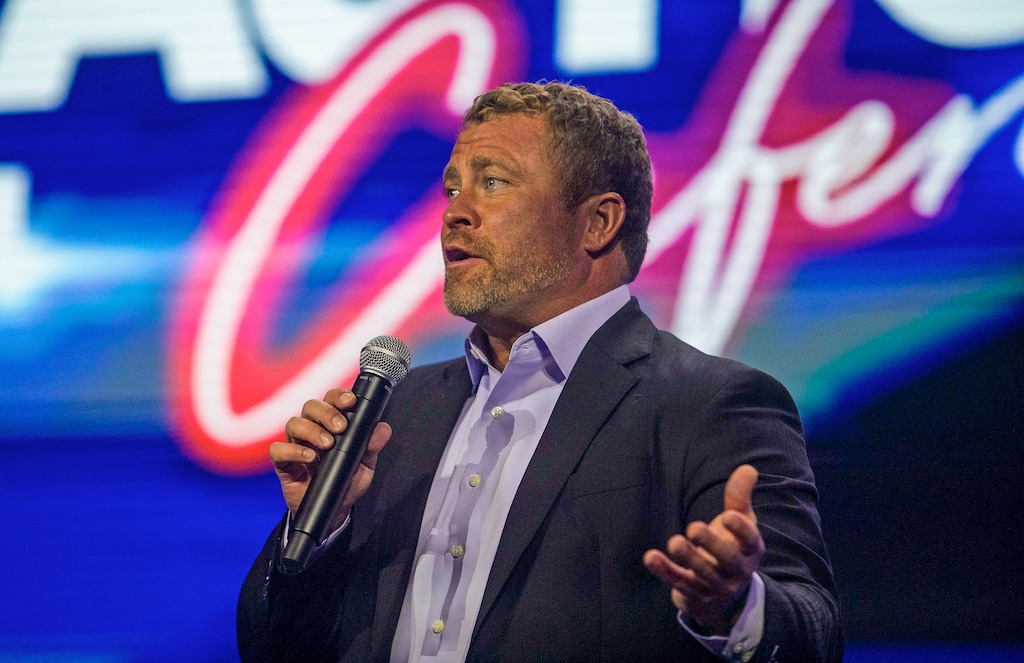 (Saul Martinez | The New York Times) Tim Ballard, founder of Operation Underground Railroad, speaks at the Turning Point Action conference, in West Palm Beach, Fla., in July 2023. The Church of Jesus Christ of Latter-day Saints has condemned his actions.