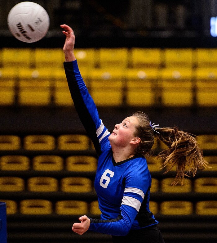 (Trent Nelson | The Salt Lake Tribune) Panguitch's Kiesa Miller hits the ball as Panguitch defeats Rich in the 1A State Volleyball Championship game in Orem, Saturday October 28, 2017.
