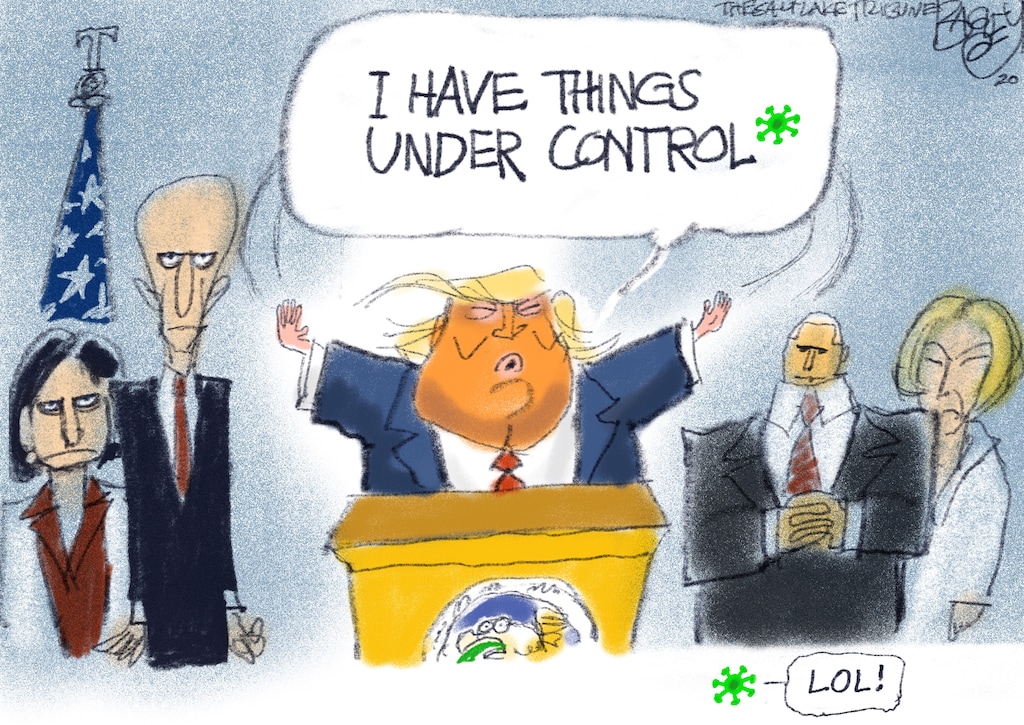 (Pat Bagley | The Salt Lake Tribune) This cartoon, titled "Trump Briefing Footnote," appears in The Salt Lake Tribune on Friday, March 20, 2020.