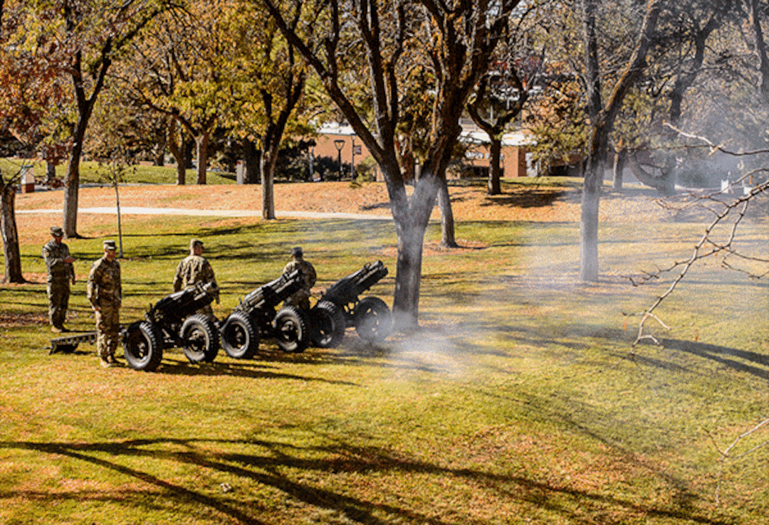 (Trent Nelson  |  The Salt Lake Tribune)
Members of the 145th Field Artillery Cannon Crew fire a salute to mark Veterans Day at the University of Utah in Salt Lake City on Monday, Nov. 11, 2019.