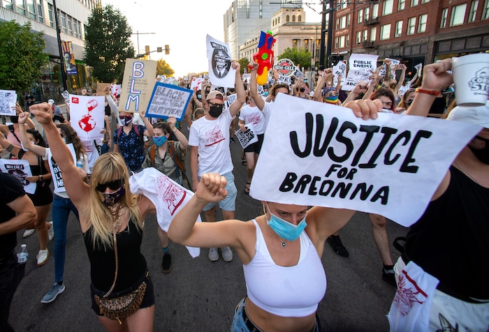 (Rick Egan  |  The Salt Lake Tribune)   Protesters  dance in downtown Salt Lake City, during the Dance Dance Revolution protest for racial equality, on Sunday, Aug. 9, 2020.