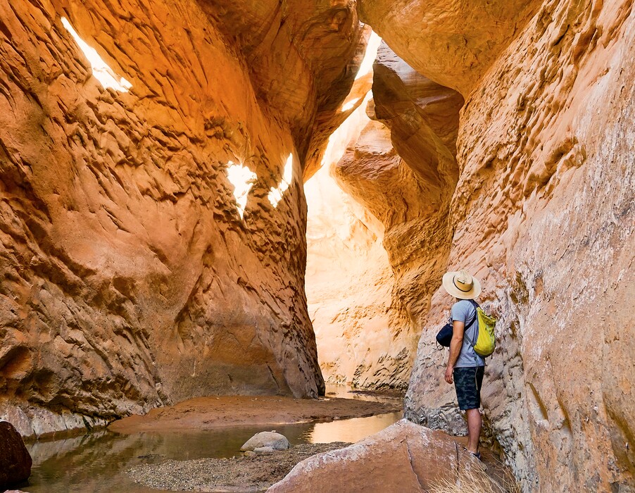 (Zak Podmore | The Salt Lake Tribune) Chris Peterson, artist and former director of the Glen Canyon Institute, hikes in lower Fifty Mile Canyon on May 6, 2022. This slot was completely packed with sediment until monsoon storms cleared it in recent years.