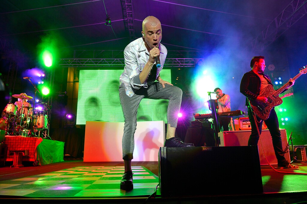 (Leah Hogsten  |  The Salt Lake Tribune) Neon Trees, Provo's best known band, play a free show Friday, October 3, 2014. Neon Trees are drummer Elaine Bradley, guitarist Chris Allen, bassist Branden Campbell and lead singer Tyler Glenn.