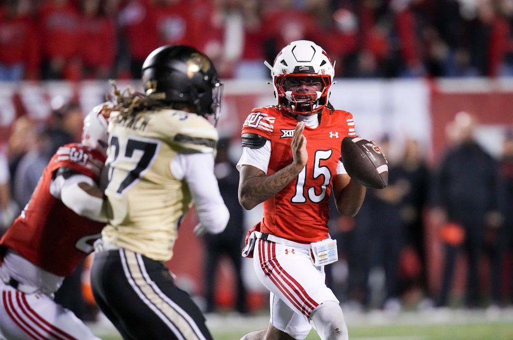 (Bethany Baker  |  The Salt Lake Tribune) Utah Utes quarterback Byrd Ficklin (15) looks to pass the ball during the game between the Utah Utes and the Colorado Buffaloes at Rice-Eccles Stadium in Salt Lake City on Saturday, Oct. 25, 2025.