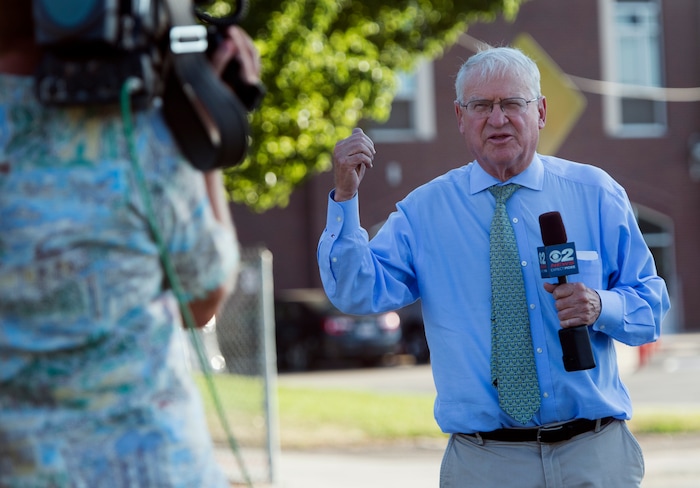 (Rick Egan  |  The Salt Lake Tribune) Rod Decker reports live from West High School, for KUTV news, Monday, September 11, 2017.


