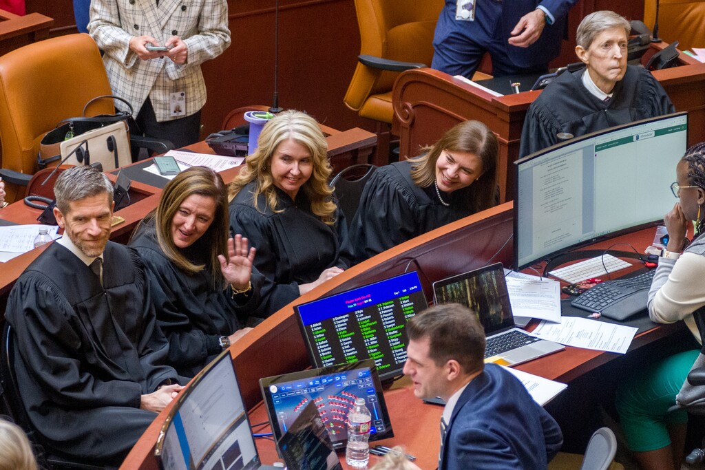 (Trent Nelson  |  The Salt Lake Tribune) Utah Supreme Court Justices John Nielsen, Jill Pohlman, Diana Hagen, Paige Petersen and Chief Justice Matthew Durrant before the State of the Judiciary address in the House Chamber at the Utah Capitol in Salt Lake City on Tuesday, Jan. 20, 2026.